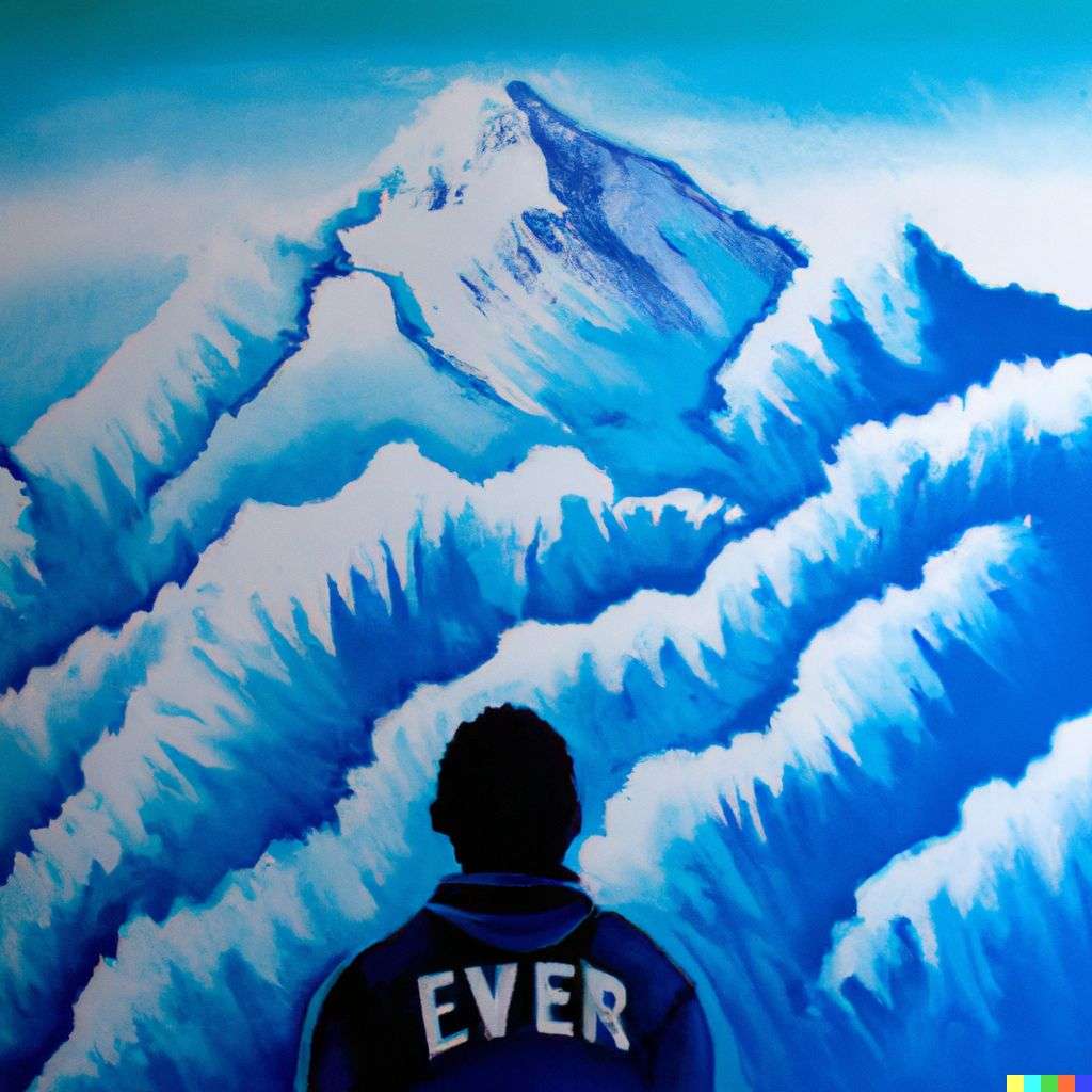 someone gazing at Mount Everest, airbrush painting, stencil art